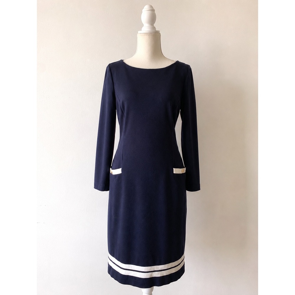 Talbots Shift Dress 2 Navy‎ Blue Nautical Ribbon 3/4 Sleeves Pockets Flattering